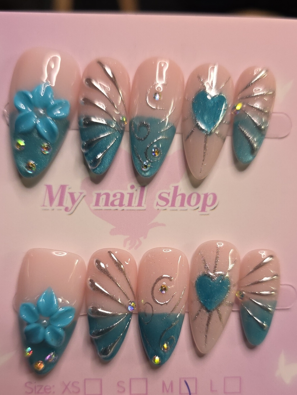 Blue Heart & Floral Press-On Nails - Size Med